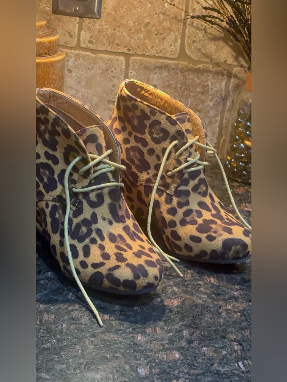 NWOB Bella Marie Sally-5 Leopard Print Lace Up Wedge Ankle Booties 7.5